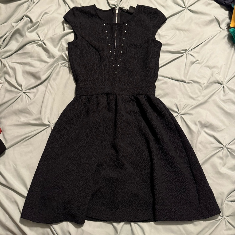 H&M Black Textured Mini Dress with Stud Accents